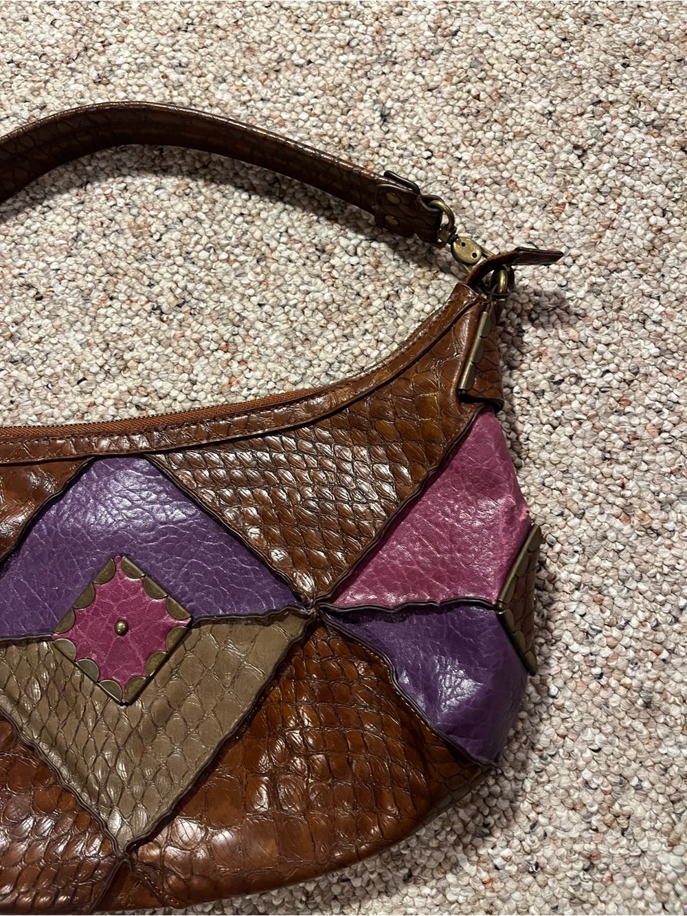 Y2K Jessica Simpson Patchwork Leather Shoulder Purse in Brown, Purple & Pink - Picture 3 of 10